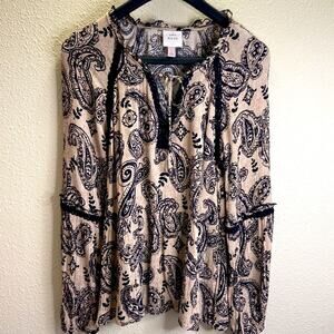 Knox Rose Women Tan & Black Paisley Print Boho Style Peplum Blouse Size L